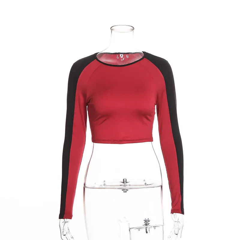 Autumn Spring Cut Out Women Ribbed Cropped Tee O Neck Full Sleeve Waist Hollow Solid Red T Shirt Tops | Спорт и развлечения