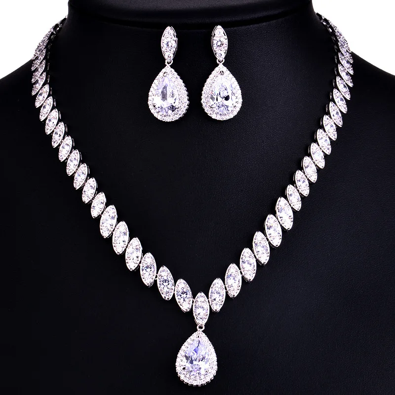 925 Sterling Silver Platinum Plate Luxury Diamond Women Wedding Jewelry Set Red/Green/Blue/White CZ Drop Earring Choker Necklace