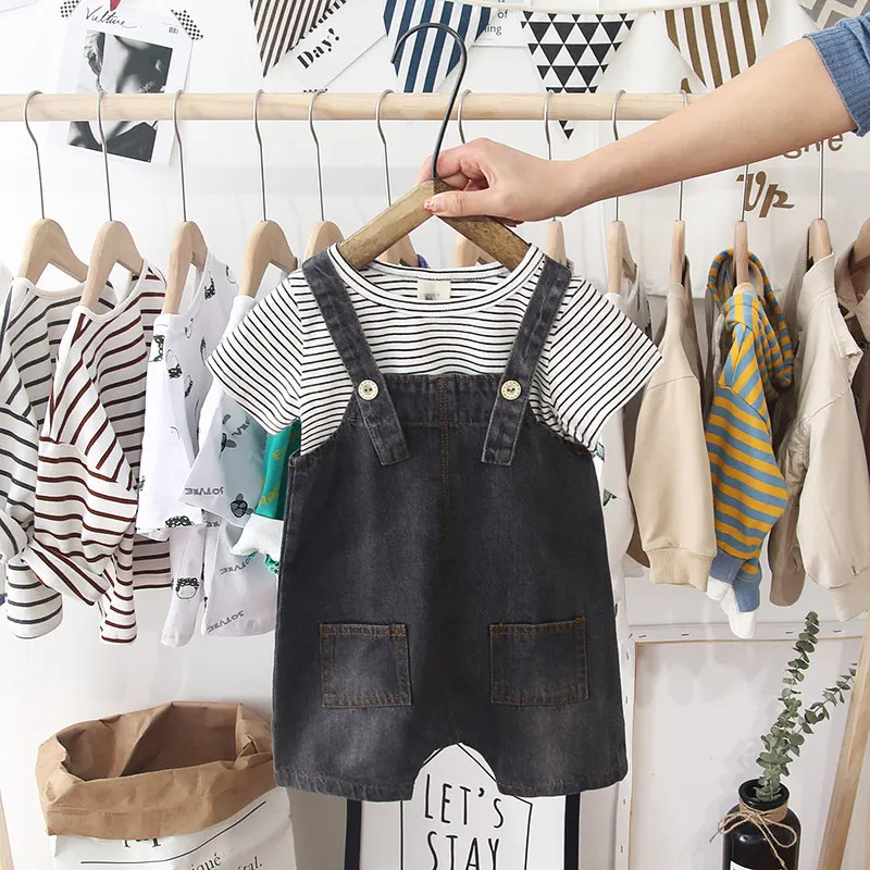 Jeans overalls stripe shirt boy summer clothing set new fashion baby outfits | Детская одежда и обувь