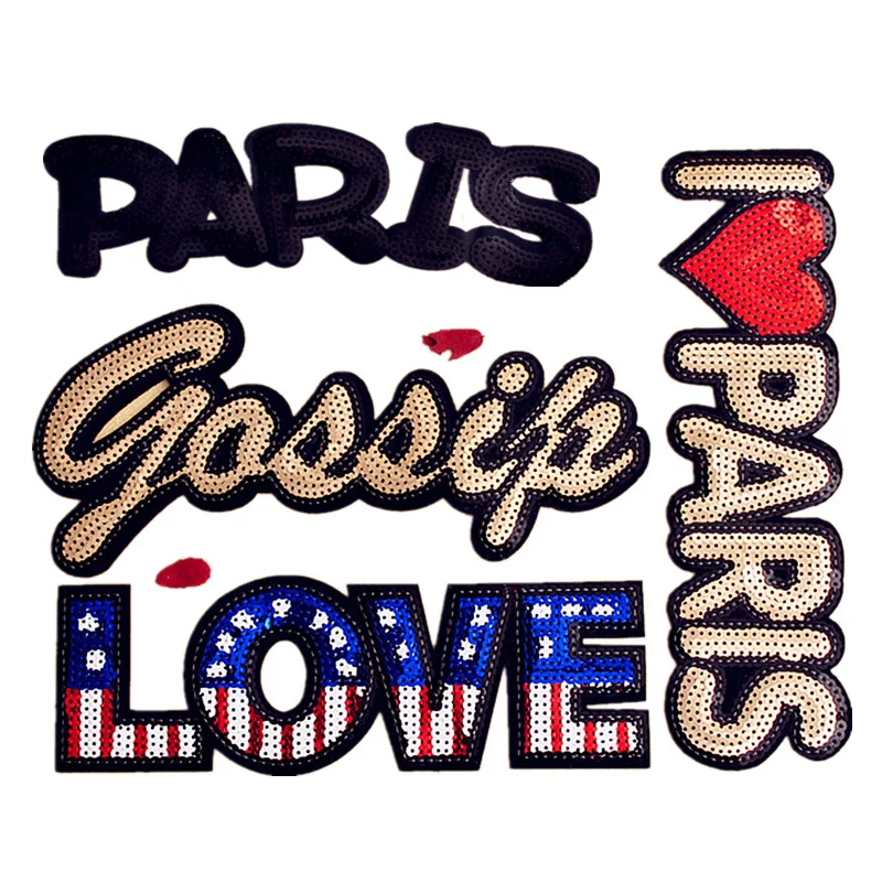 Большие размеры блестки LOVE PARIS тканевые патчи вышитые термоклейкие для одежды