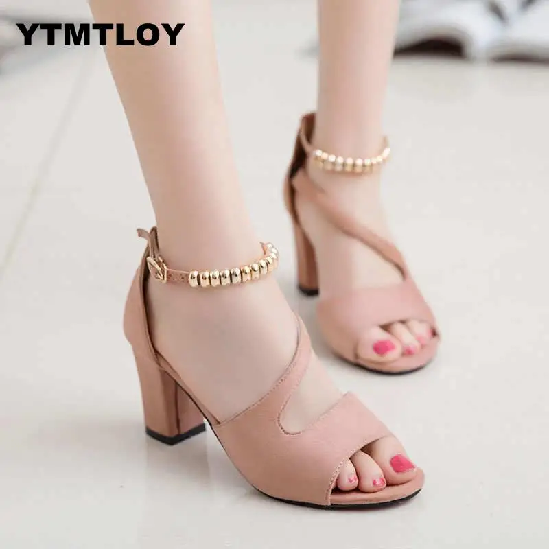 Plus Size 34-42 Summer Women Sandals Open Toe Women's Sandles Thick Heel Pumps Shoes Korean Style Gladiator High Peep Zapatos