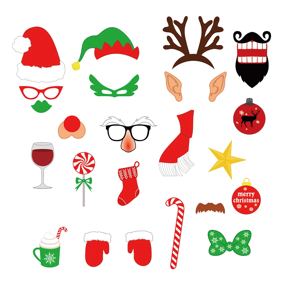 

57pcs Merry Christmas Photobooth Props DIY Mr Mrs Santa Claus Elk Photobooth Props Happy New Year Xmas Party Supplies