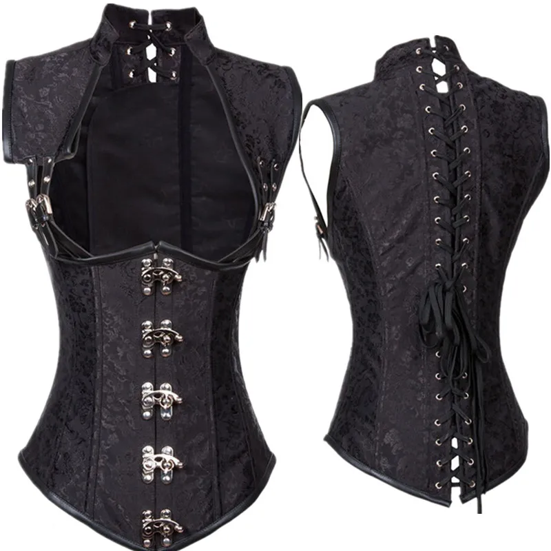 

S-XXL Black Brocade Collared Top Sexy Women Underbust Corset Gothic Waist Slimming Corsets Steel Boned Steampunk Clothing