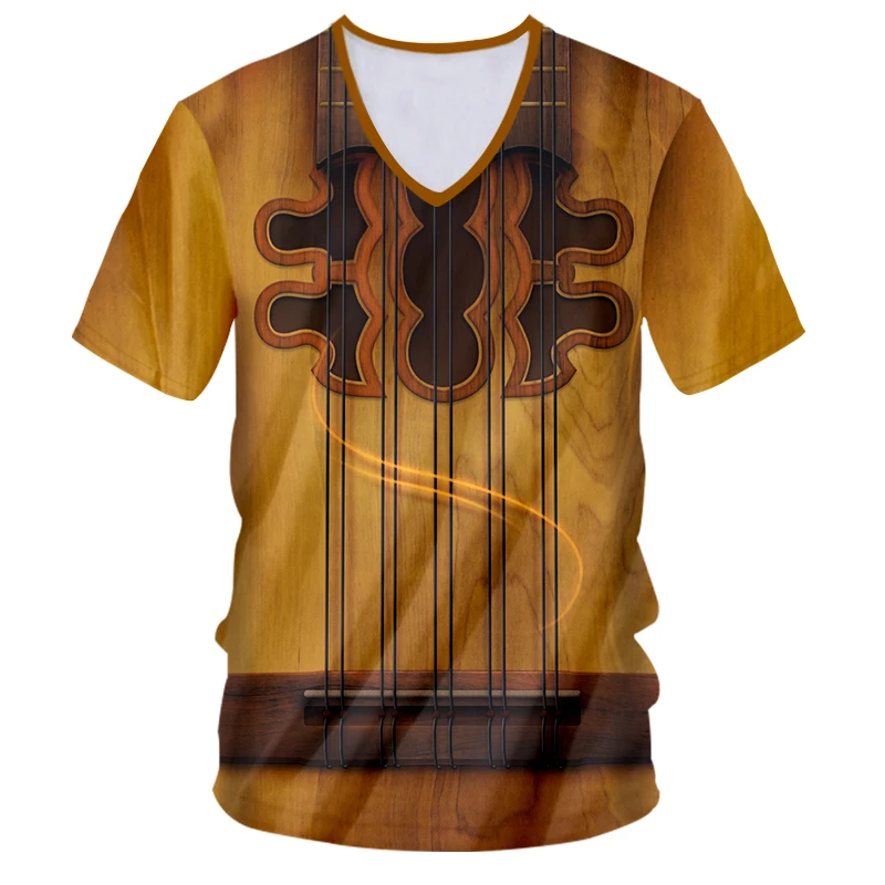 CJLM Gothic Guitar Art Musical Instrument Summer 3D Full Printing Fashion V Neck Tshirt Print Hip Hop Style Tee Casual | Мужская одежда