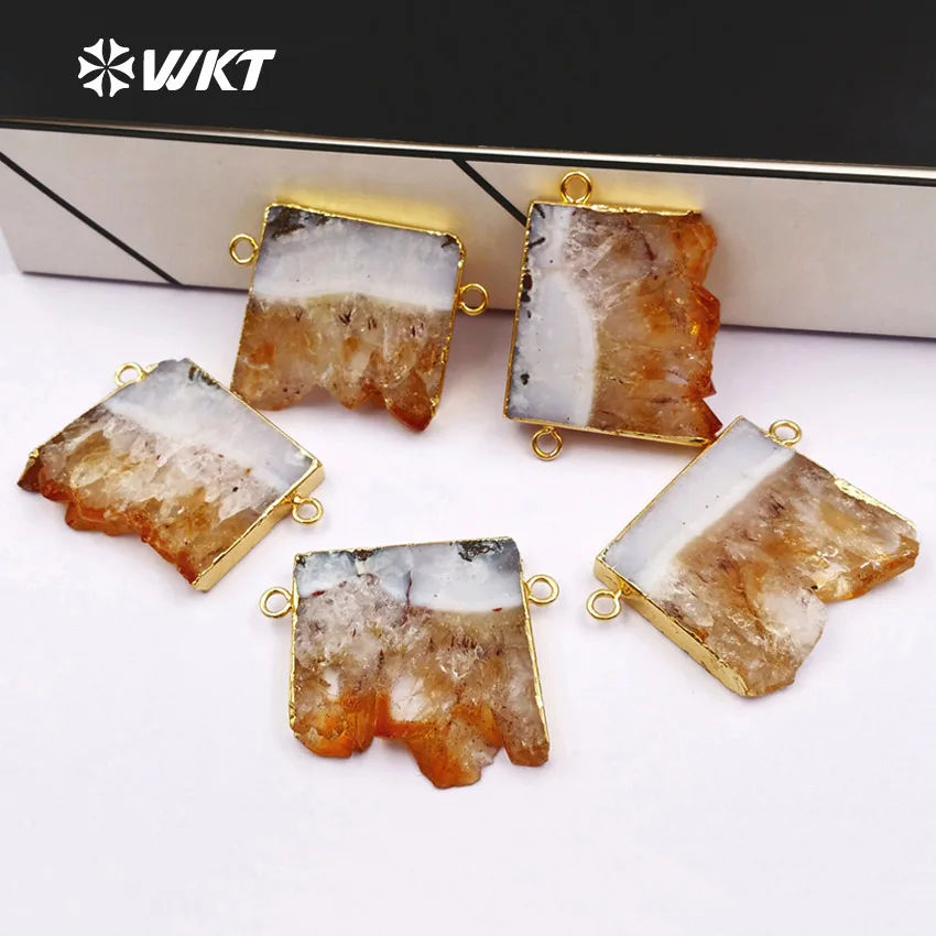 WT-P421 WKT Wholesale slice yellow stone double hoops pendants, fashion yellow stone connector pendants