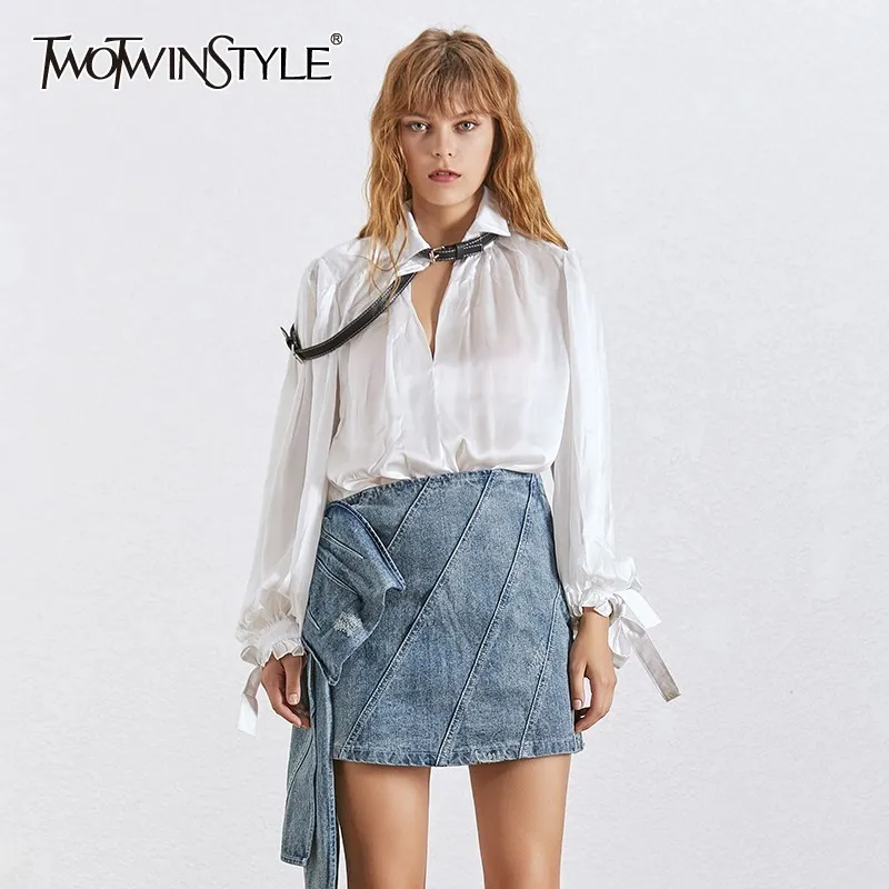 TWOTWINSTYLE повседневные рубашки для женщин воротник с лацканами шнуровка
