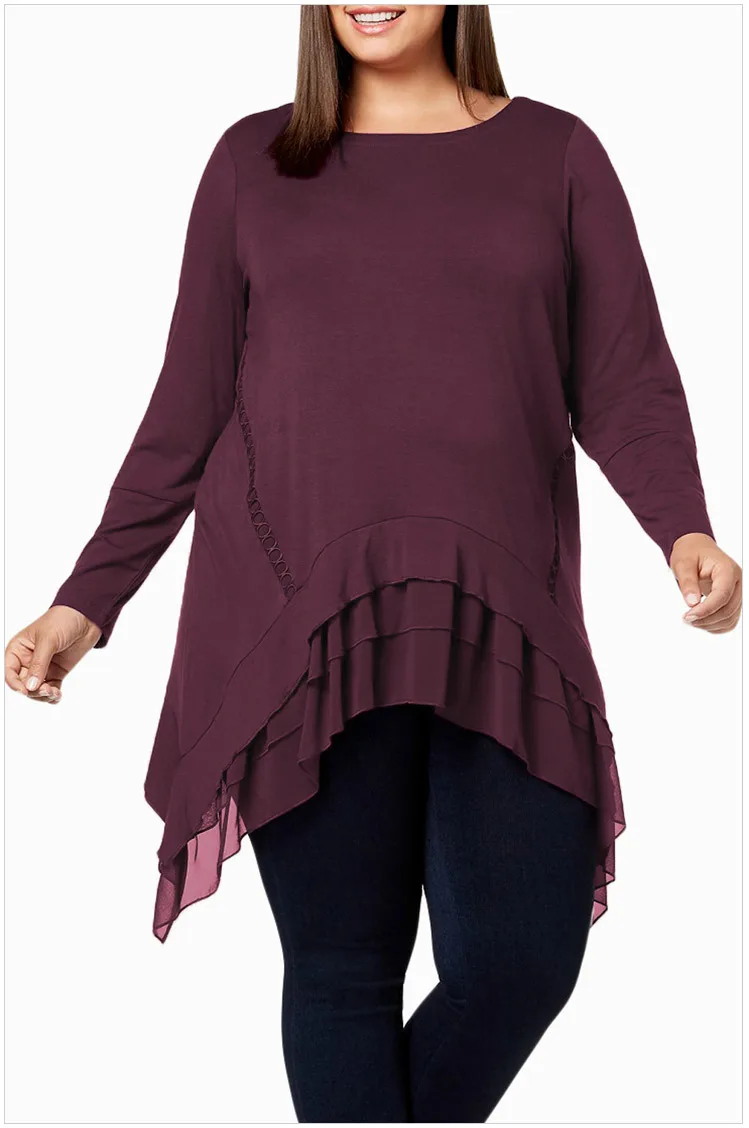 5XL размера плюс, женская блузка, Осень-зима, женская с длинным рукавом, с оборками, необычная Длинная блузка, рубашка, большой размер, Женская туника, топы