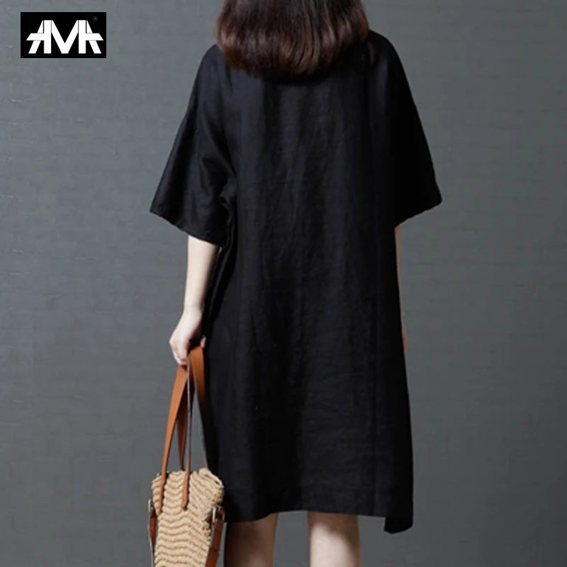 Летнее мультяшное женское платье из хлопка и льна свободное летнее большого