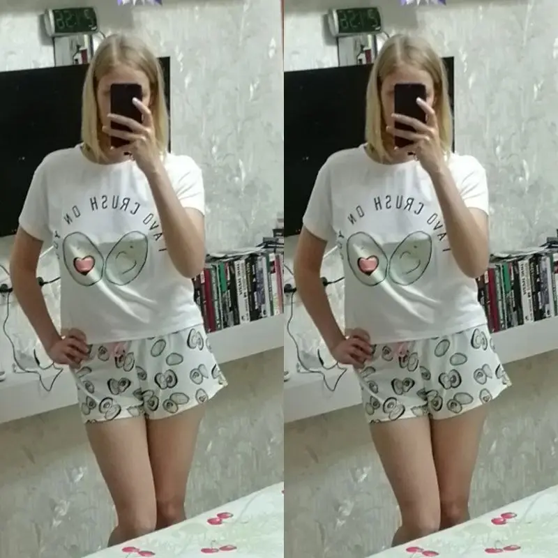 Летний Пижамный комплект для женщин и девочек с милым мультяшным принтом авокадо и буквами, Свободный Топ с короткими рукавами, шорты с бантиком, одежда для сна, домашняя одежда