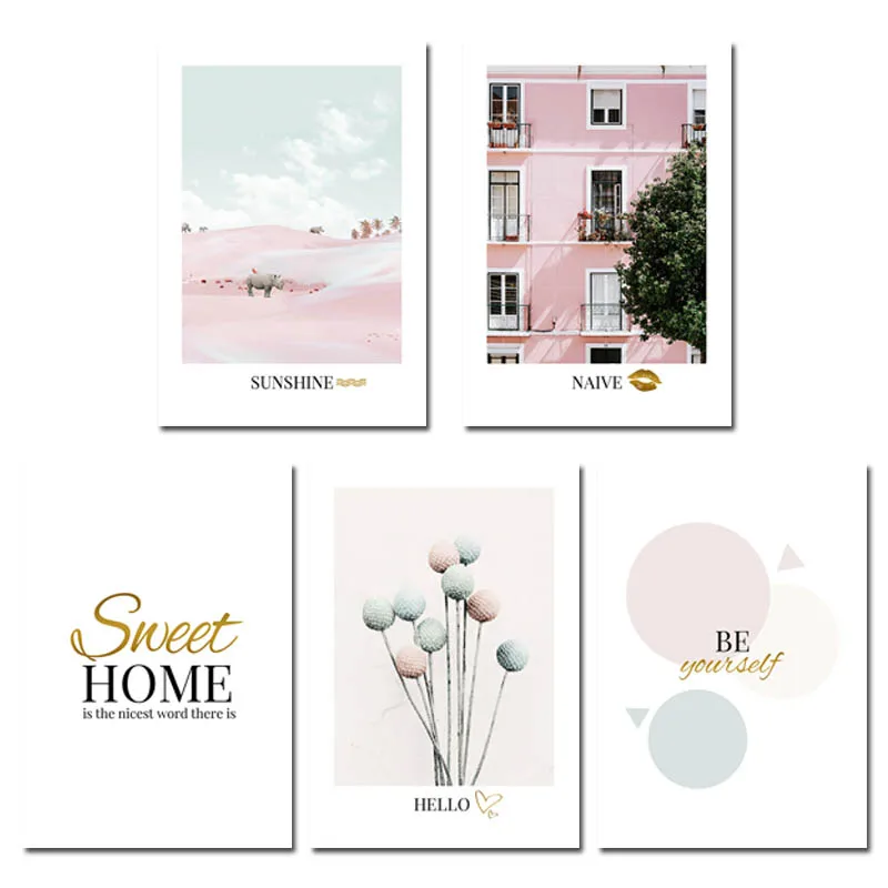 5 pcs Set Розовая ins стильная картина модный постер скандинавские носороги с принтом в виде сердца скандинавские стены Искусство Холст Живопись Домашний декор комнаты - Цвет: 5 pcs Set