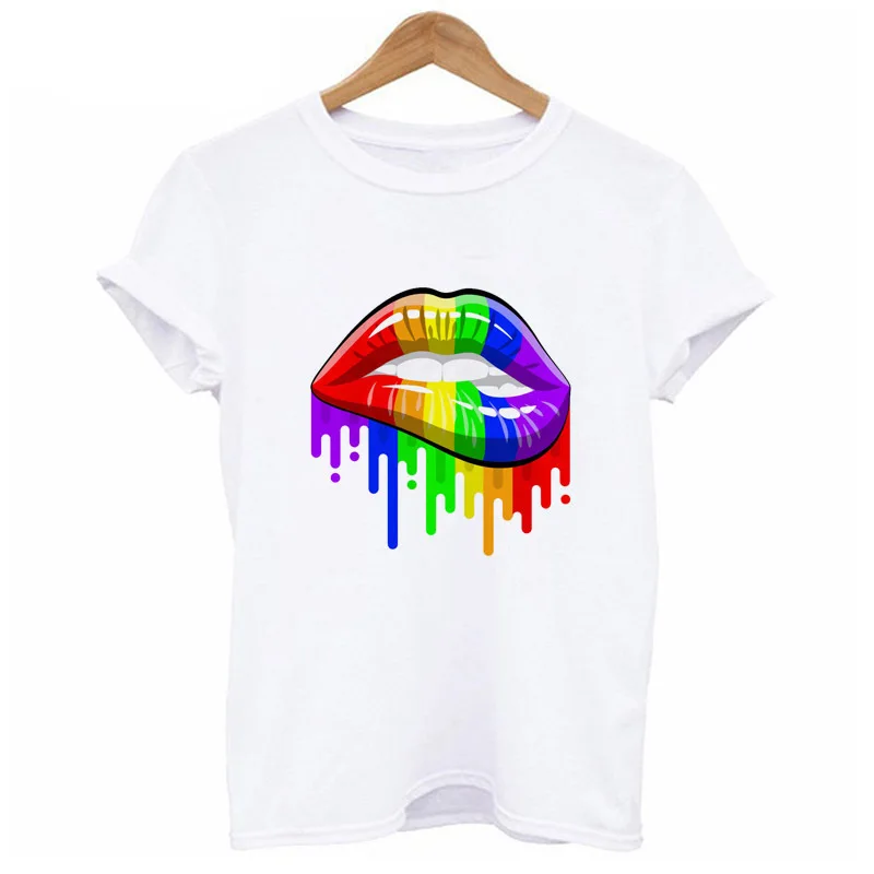 

Rainbow Pride lips Hot sale summer t-shirt women Harajuku kwaii girl T shirt O-neck White tshirt female tumblr WT514