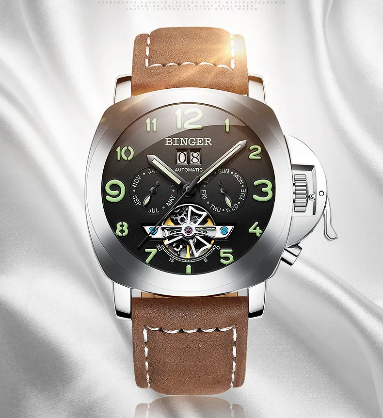 Швейцарские BINGER Мужские автоматические механические часы Tourbillon Роскошные модные брендовые мужские многофункциональные часы из натуральной кожи