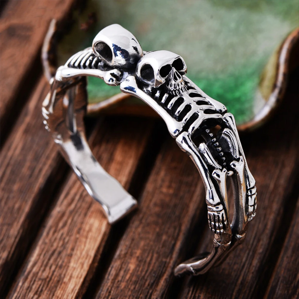 

MetJakt Punk 1.6cm Width Skull Bangles & Handmade Carved Human Bone Solid 925 Sterling Silver Bracelet for Biker Man's Jewelry