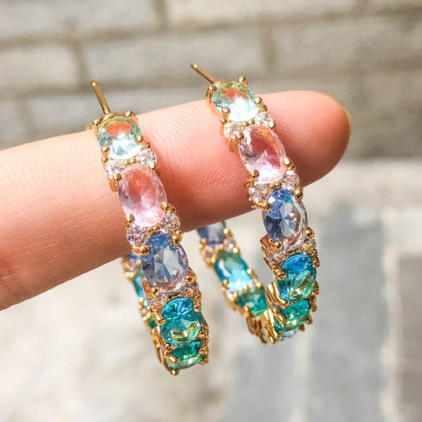 Round Circle Rhinestone Cubic Zircon Luxury Hoop Earrings for Women Three Colors Gold Filled Fashion Jewelry Dropshipping | Украшения и