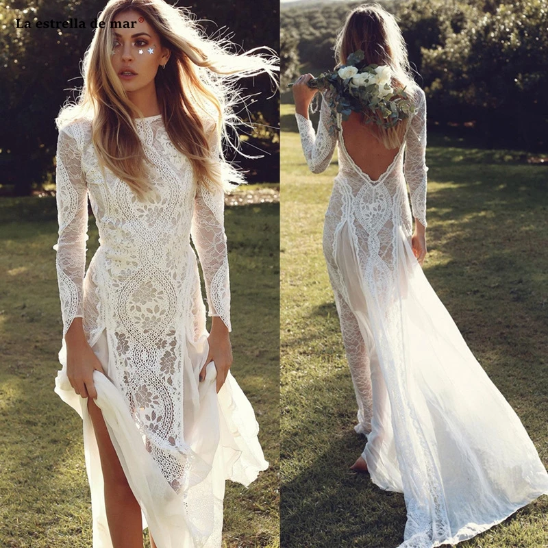 Vestidos de novia corte sirena новые кружевные Длинные рукава цвета слоновой кости пляжные свадебные платья в стиле бохо свадебные платья в стиле кантри trouwju