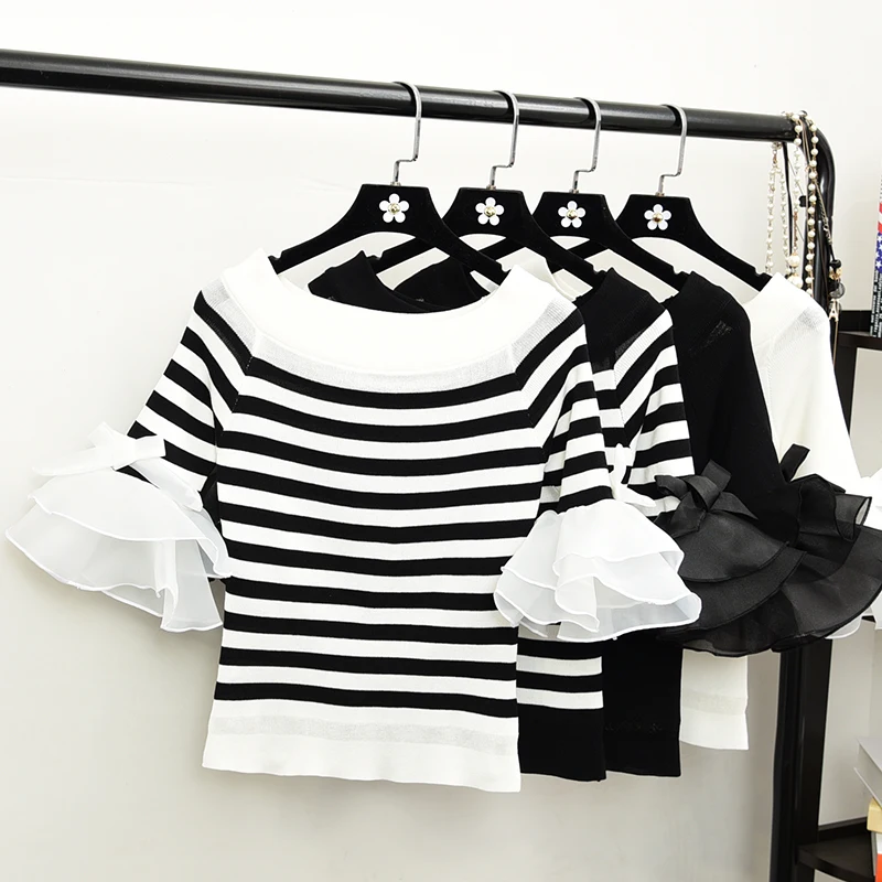 

Chic han edition sweater coat horn sleeve female 2019 new agaric sets chiffon cute sweater of girl G138