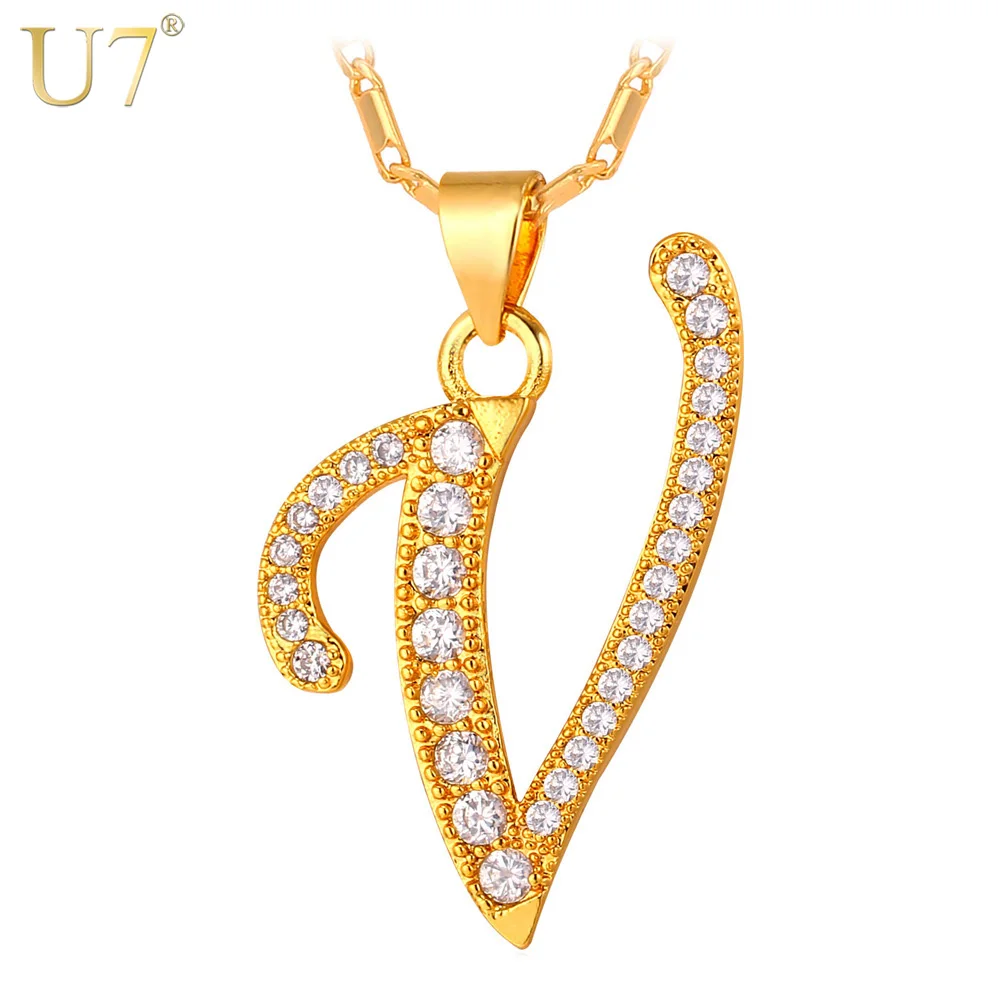 

U7 Fashion V Letter Design Capital Initial Necklace Women Men Jewelry Gold/Silver Color Alphabet Letter Necklace P715