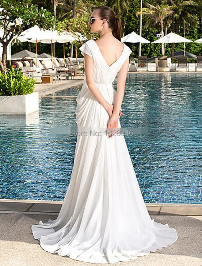 2016 New Beach Wedding Dresses V-Neck Draped Caped Sweep Train Chiffon Bridal Gown Elegant Custom Made Sexy Gowns | Свадьбы и