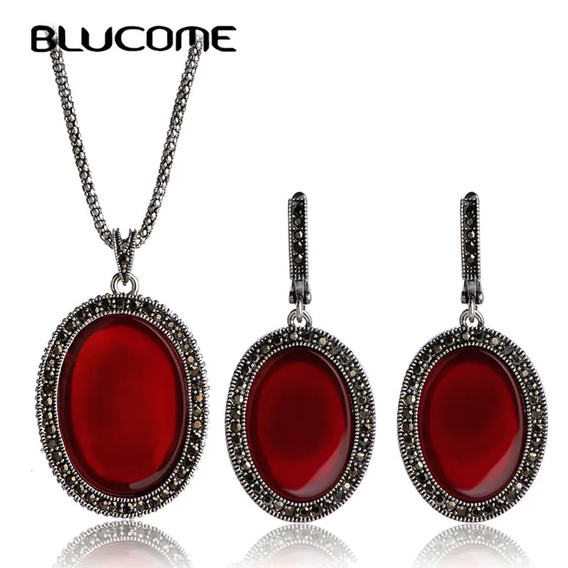 Женский комплект из колье и серёг Blucome красный Овального кулона смолы индейка