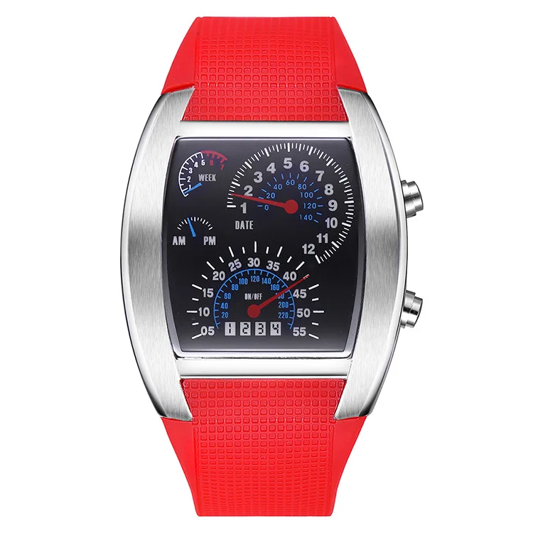 Silver Case Red Band Горячая Распродажа RPM Turbo Blue Flash СВЕТОДИОДНЫЙ мужской спортивный автомобиль метр циферблат часы полностью Черный Нержавеющая сталь прямоугольник мужские часы Air Meter Hour - Цвет: Silver Case Red Band