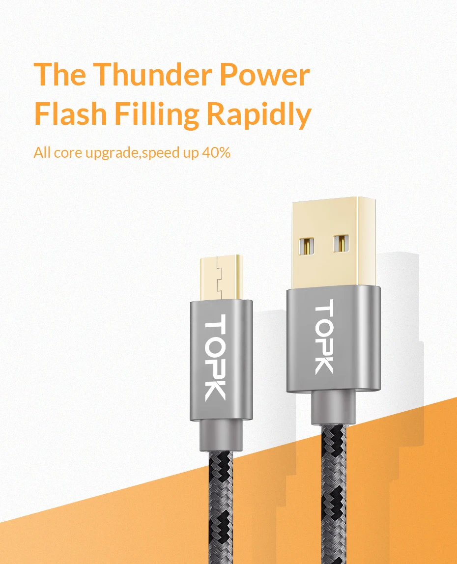 TOPK Micro USB кабель с металлической оболочкой Позолоченный разъем плетеный провод для samsung/sony/Xiaomi/Android телефон