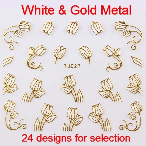 24 шт белые и золотые металлизированные для дизайна ногтей наклейки s 3D Цветы Роза