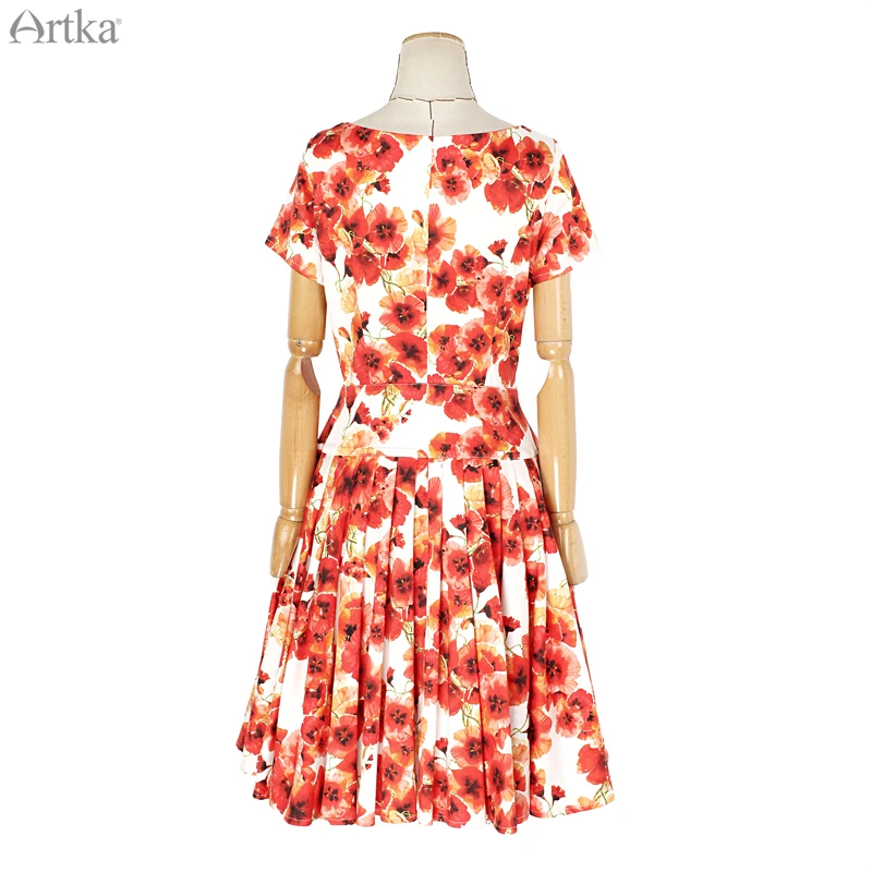 ARTKA Summer Women Floral Print Dresses O-Neck Short Sleeve Dress A-line Pleated LA10067C Женская одежда