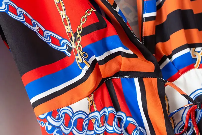 2019 New women vintage chain colorful striped print casual slim midi dress ladies chic red vestidos long sleeve dresses | Женская одежда