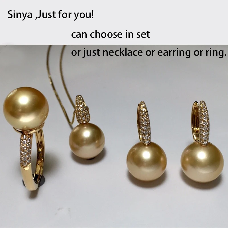 Sinya, 12 мм, набор украшений с золотым жемчугом southsea, инкрустация настоящими блестящими бриллиантами, ожерелье, серьги, кольцо, набор, лучший подарок для любимой мамы