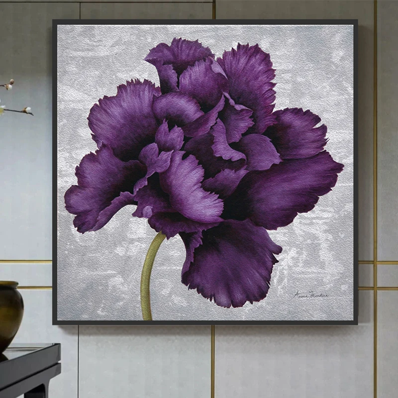 Картина на холсте с большими фиолетовыми цветами абстрактная для гостиной