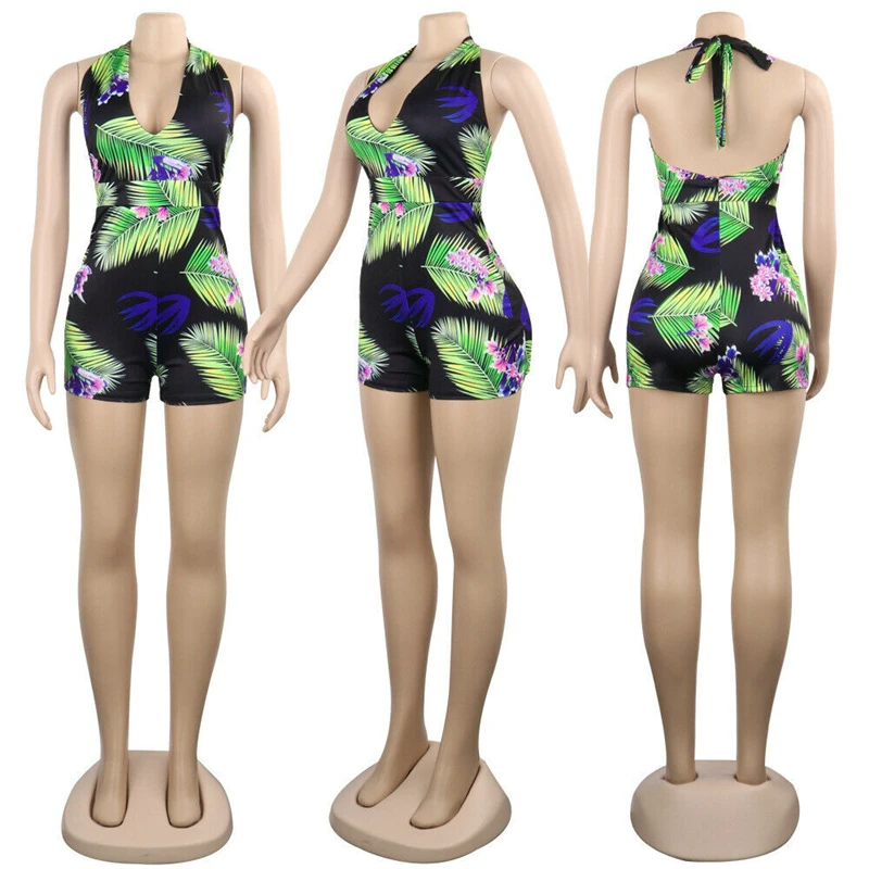 Летний женский короткий комбинезон плейсьют с цветочным принтом v образный вырез