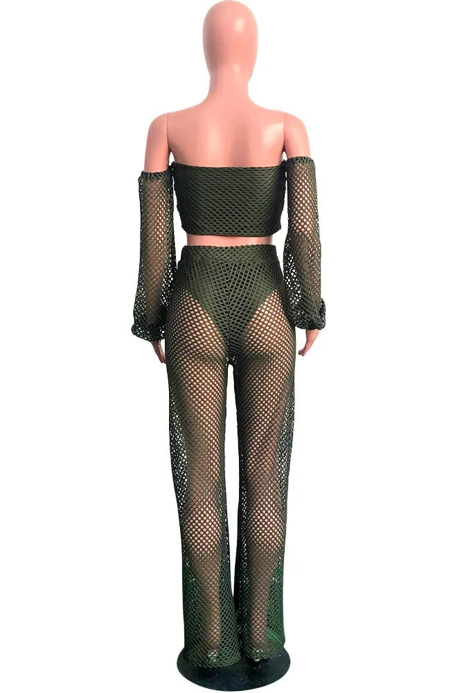 

Fish Mesh Off Shoulder Sexy Strapless Two Piece Sets Crop Tops Loose Pants Overalls Women See Through Party Club Rompers Suits