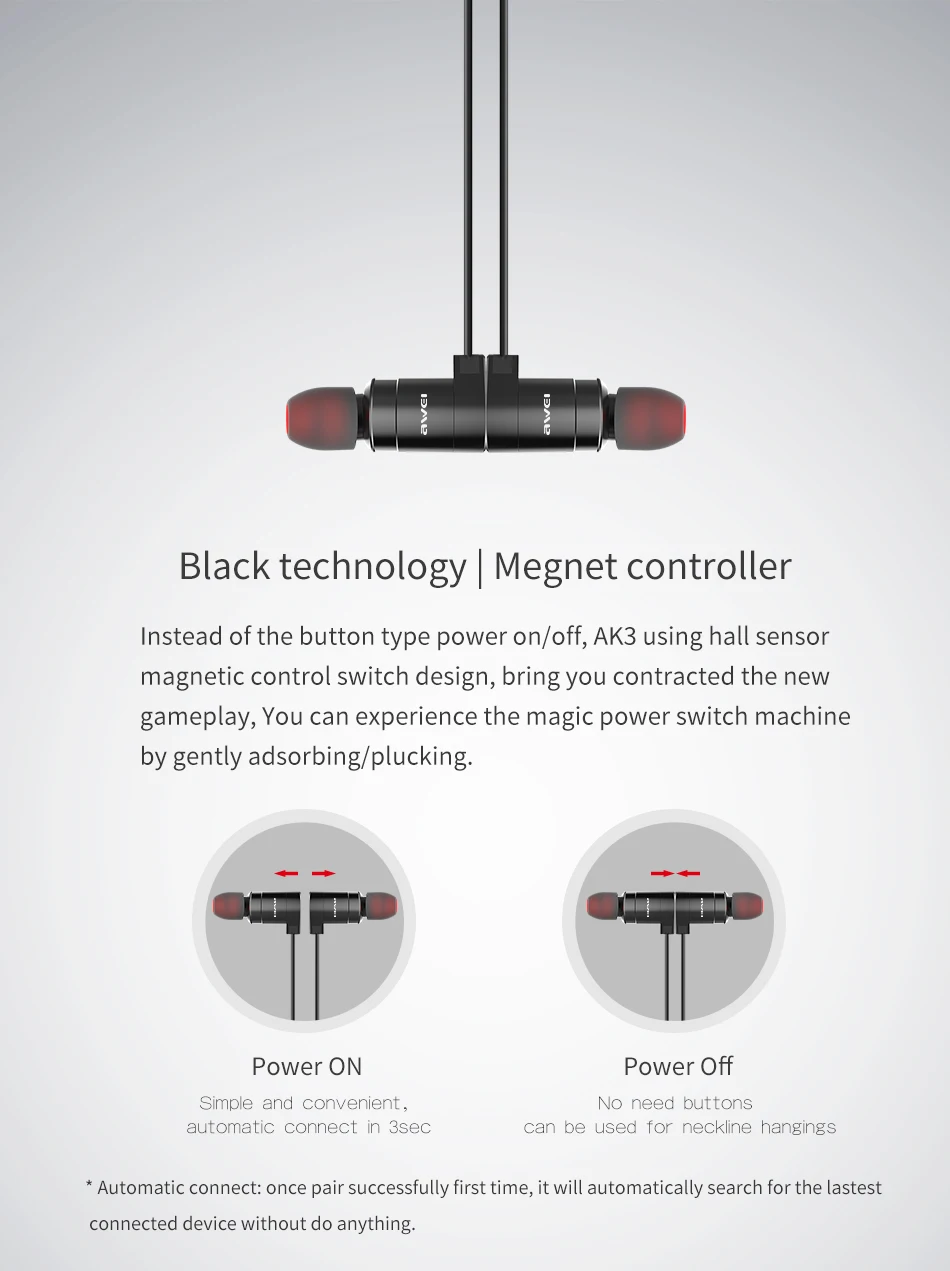 AWEI AK3 беспроводные наушники, гарнитура, магнитные Bluetooth наушники, водонепроницаемые наушники с микрофоном, Audifonos Fone de ouvido для телефонов