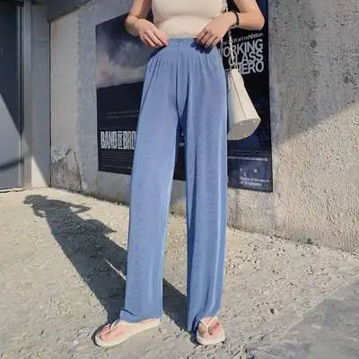 blue(40-80kg) DASSWEI Fashion Wide Leg Pants Women Casual Elastic High Waist loose Pants Summer Pleated Long Solid Pant Trousers Femme - Цвет: blue(40-80kg)