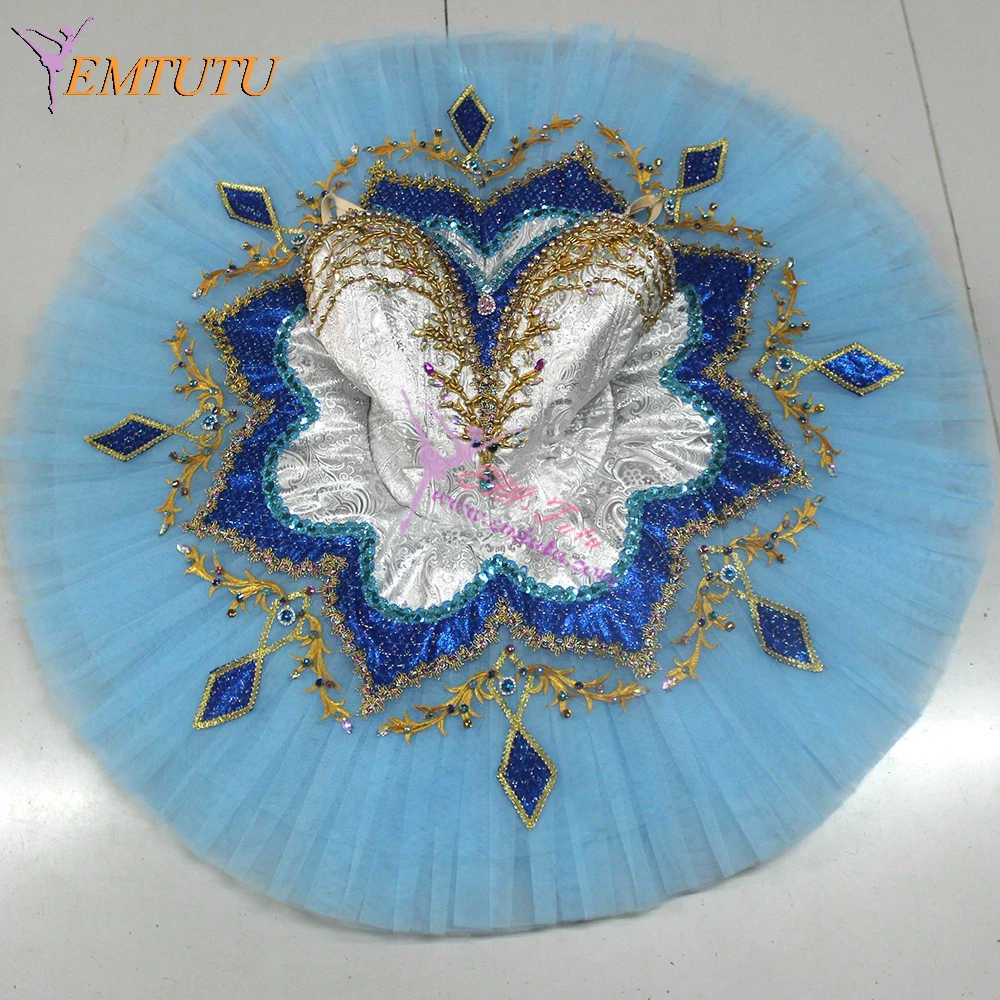 Adult Professional Ballet Tutu Deep Blue Gold Russian Women A Shape Performance Ballet Tutus Professional Ballet Stage Costume