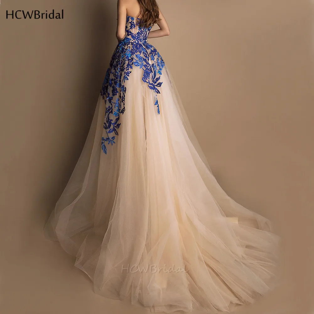 

Graceful Arabic Evening Dress Champagne Tulle Strapless A Line Chic Blue Lace Prom Gowns Custom Made Long Formal Dresses