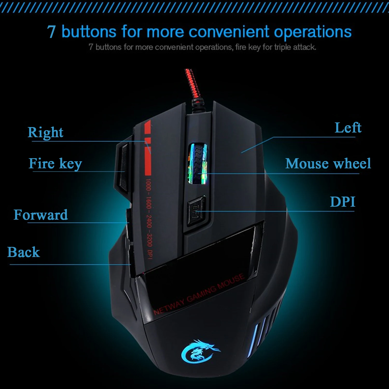 Rocketek 5500DPI Adjustable USB wired Ergonomic Mouse profession Gaming 7-color backlight for Desktop/Laptop/Home/office |