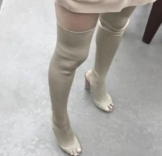Hot Slingback Wood Heel Female Autumn Boots Women Over The Knee Stretch Knit Peep Toe Ladies Chunky High Thigh | Обувь