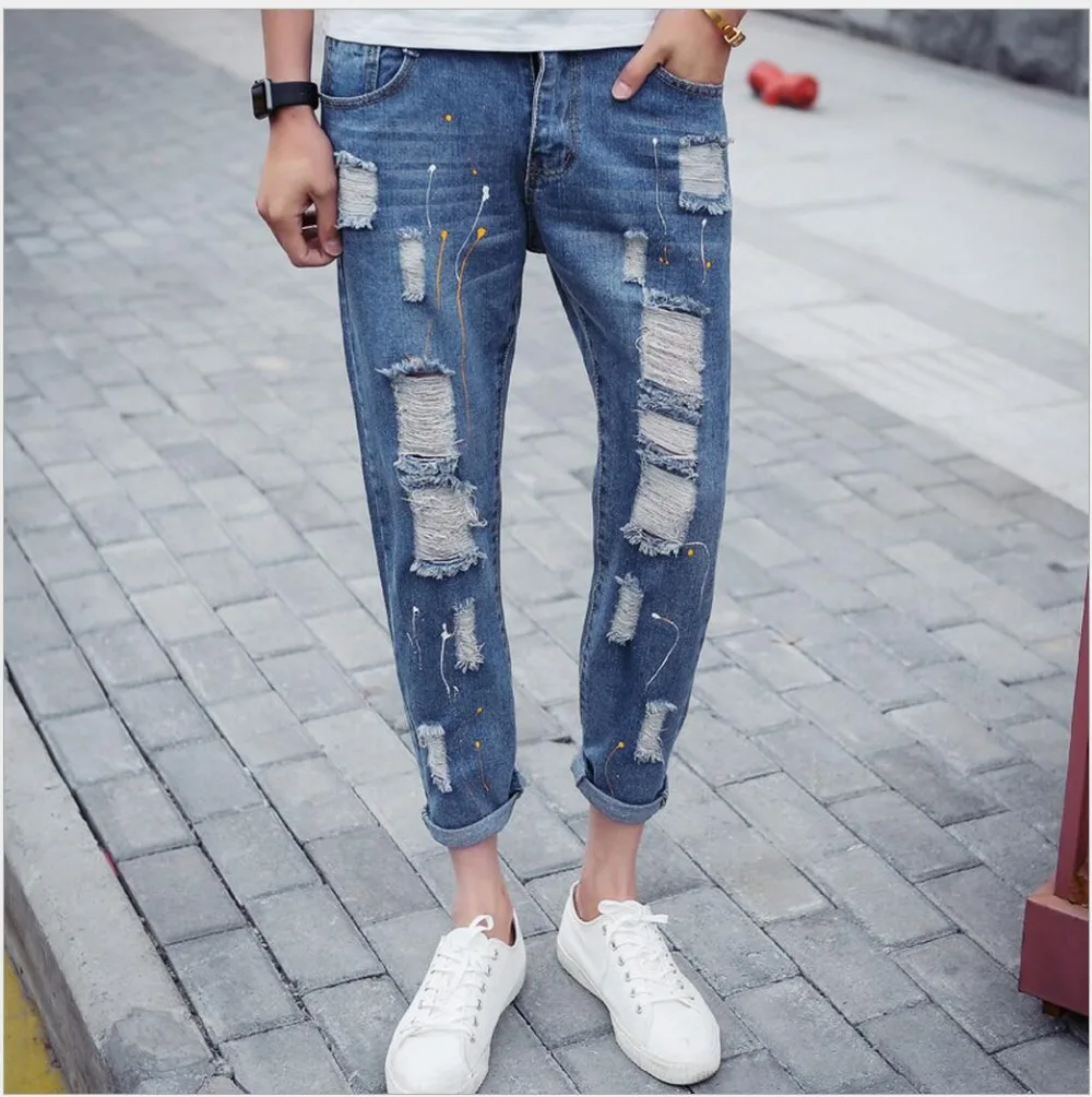 Мужские джинсы с дырками прямые 28 36|biker jeans|men casual jeanspants destroyed |