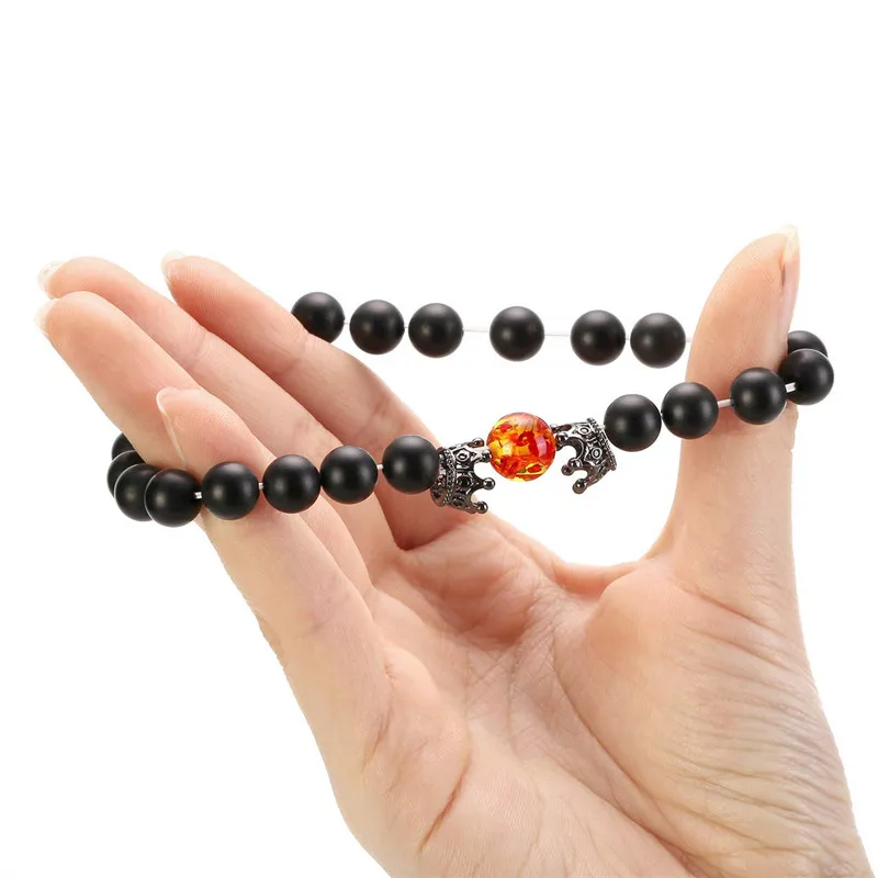 Женский стрейчевый браслет с шармом короной Energy Beads Магнитный гематит лава камня