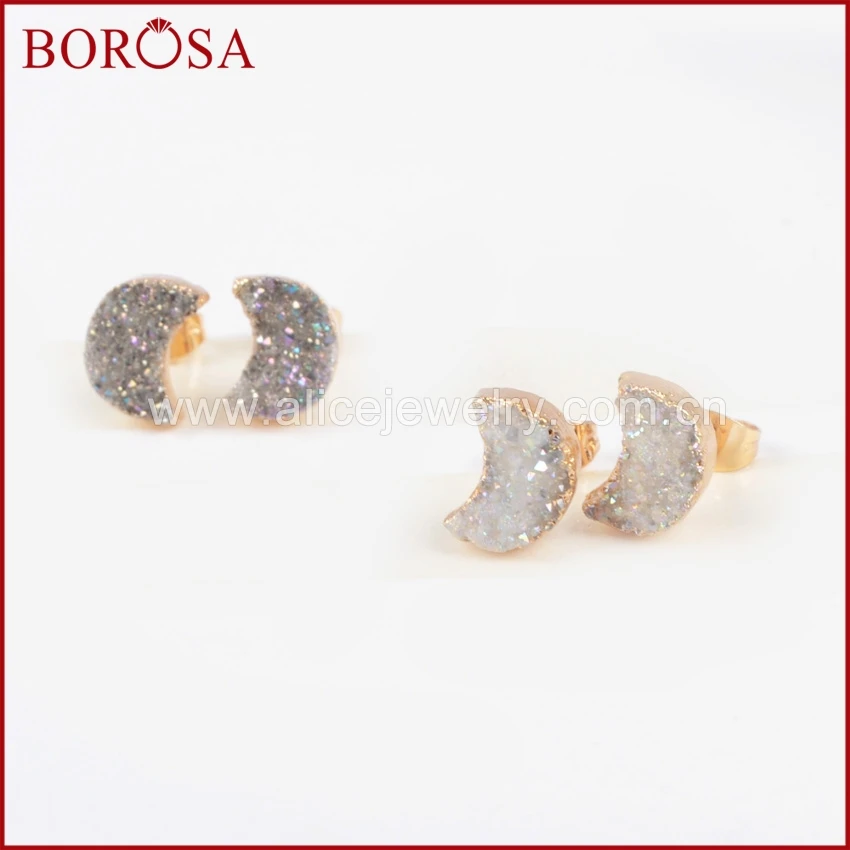 Серьги гвоздики BOROSA с золотым ободком в форме Луны разноцветный натуральный