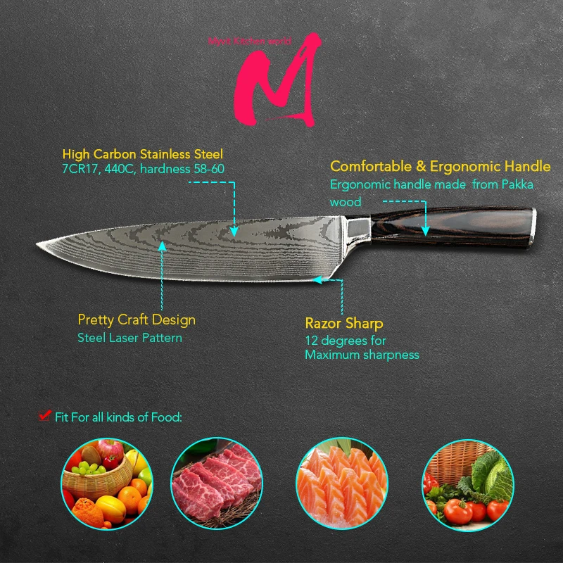 Кухня Ножи шеф повара 8 дюймов Нержавеющая сталь ножи мясо Santoku японский 7CR17 440C
