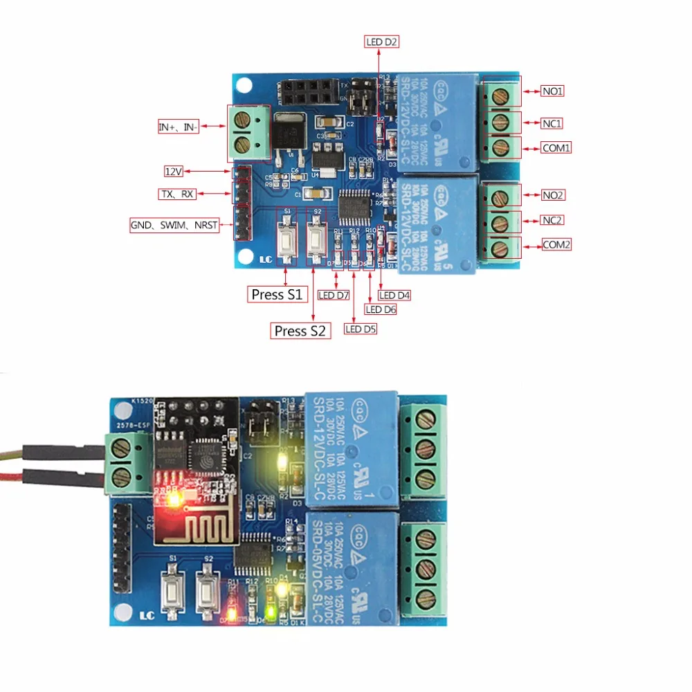 WIFI релейный модуль ESP8266 IOT APP контроллер 2-канальный для умного дома 12 В |