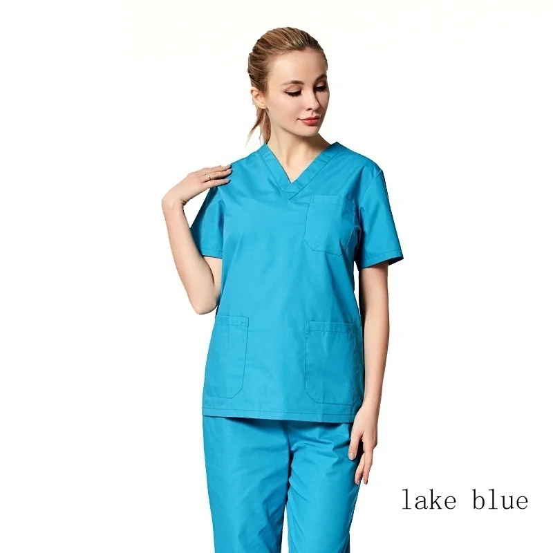 lake blue top Женская медицинская униформа, классические топы с v-образным вырезом, одежда для доктора из чистого хлопка, униформа медсестры, Хирургическая Одежда(только топ - Цвет: lake blue top