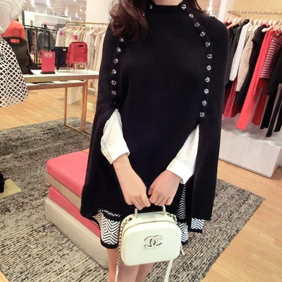 Autumn Winter Women Fashion British style Sweaters 2018 New Vintage Runway Metal buckle loose knit shawl cape | Женская одежда