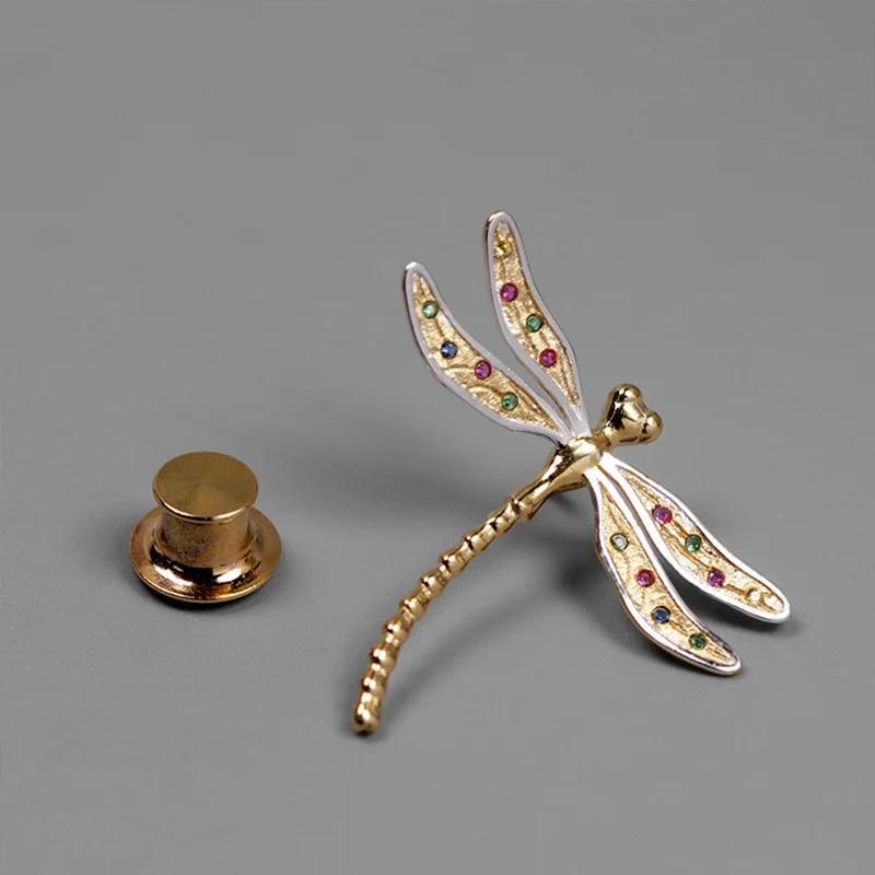 Gold tail Lotus Fun реальные 925 серебро ручной работы Fine Jewelry многоцветный циркония красивая стрекоза Дизайн броши для Для женщин - Цвет камня: Gold tail