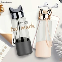 2021 cute cat ear durable glass water bottles practical coffee milk juice kettle creative home office student drinkware c670