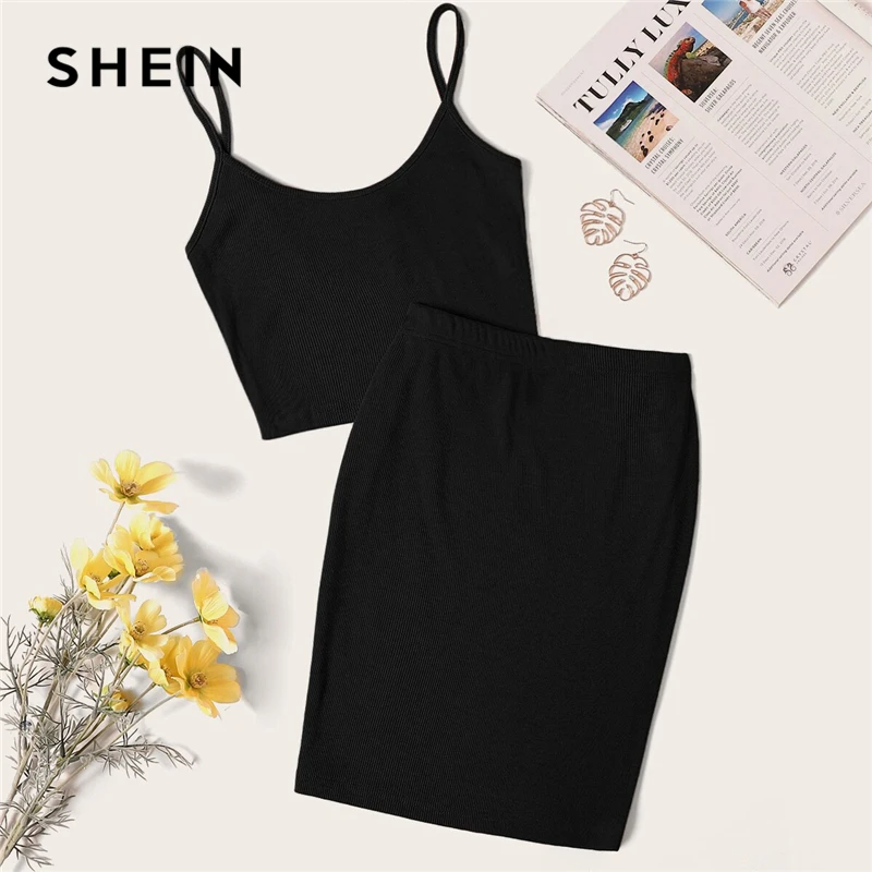 SHEIN неоновый ребристый ТРИКОТАЖНЫЙ УКОРОЧЕННЫЙ ТОП на бретельках и узкая юбка, сексуальный однотонный комплект без рукавов из 2 предметов, Женский комплект на бретельках