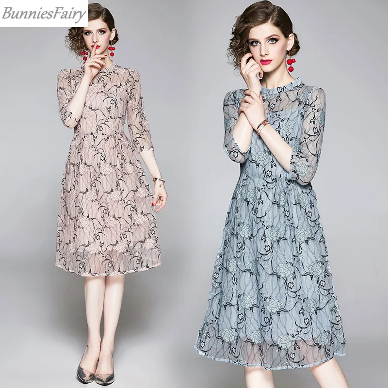 BunniesFairy 2019 осеннее уличное женское элегантное Кружевное платье миди с цветочной