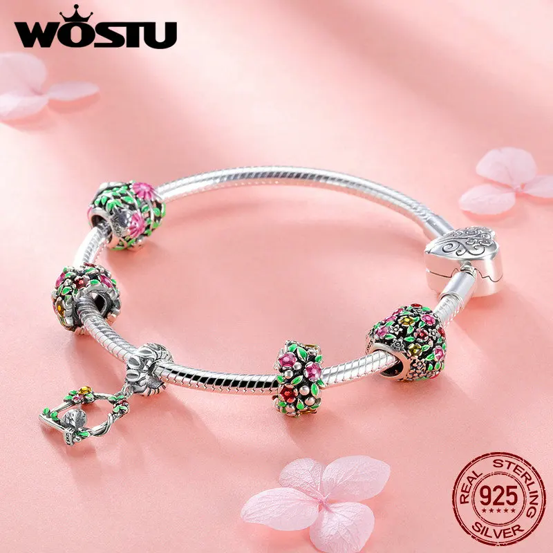 WOSTU,, 925 пробы, серебряные весенние цветы, листья и браслет с подвеской в виде птицы для женщин, модный бренд, украшение из бисера, подарок BKB804